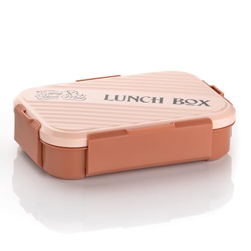 Image of Insulated Stainless Steel Lunch Box with Textured Lid | 3 Compartments | 525ml | BPA Free | Leakproof | Microwave Safe Without Lid | Bento Tiffin Box for Office School Travel (Peach Brown, 2)