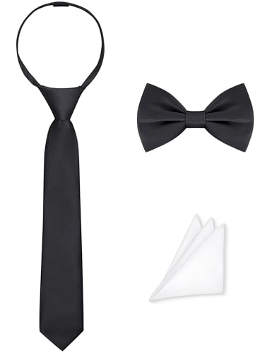AmazingSea Boys Tie & Bow Tie Set Black Pre-tied Adjustable Zipper Formal Necktie Set for Uniform Church Photo Celebration with Pocket Square (Black Big Kids)