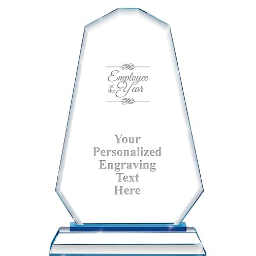 Crown Awards Personalized Employee of The Year Summit Blue Base Custom Engraved Crystal Trophy Award