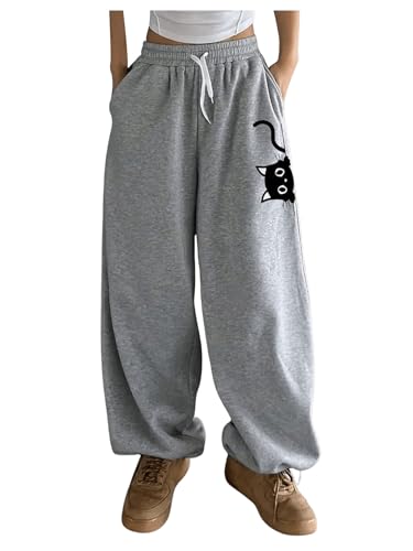 SOLY HUX Women's Plus Size Drawstring Waist Baggy Pants Wide Leg Cute Printed Sweatpants Streetwear