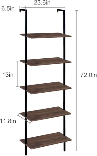 Wolawu 5 Tiers Ladder Shelf Brown Modern Bookshelf Open Tall Wall Mount Bookcase Standing Leaning Wall Shelves Industrial Decorative Living Room Bed Room
