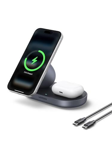 UGREEN Zapix Caricatore Wireless iPhone Certificato Qi2 15W Base Ricarica Rapida Magnetico 2 in 1 Compatibile con Magsafe iPhone 17 Pro Max Plus Air 16 15 14 13 12 AirPods 4 3 Pro 3 2 1 (Nero)