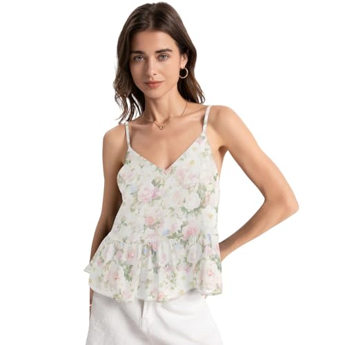 KLL Rose Bouquet Design Pattern White Adjustable Noodles Strap Camisole for Women, Clubwear Deep V Neck Sleeveless Basic