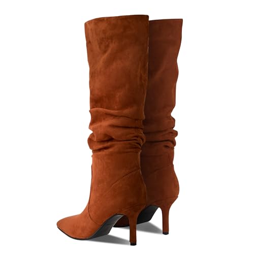 Women's Suede Slouchy Knee High Boots,Brown Stiletto High Boots Thigh High Boots, Knee High Pull On Boots of Women,Pointed Toe Mid Tall Boots Long boots3