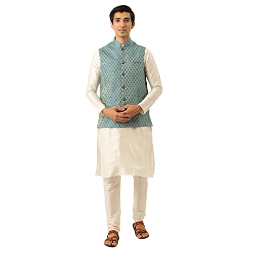 Image of SOJANYA (Since 1958, Men's Silk Blend Grey Kurta Pyjama & Silk Blend Jacket Combo