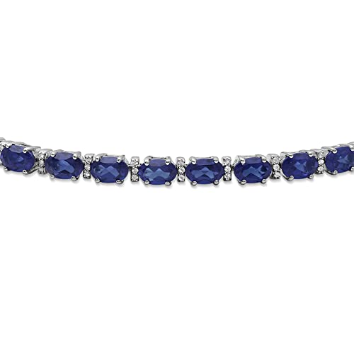 Jewelili Sterling Silver 6X4Mm Oval Created Ceylon Sapphire And Round White Topaz Bolo Bracelet, 9.5" #TOP1