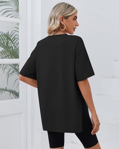 Huukeay 3 Pack Women's Oversized Gym T Shirts Cotton Short Sleeve Side Split Crewneck Tops Casual Workout Baggy Basic Tee3