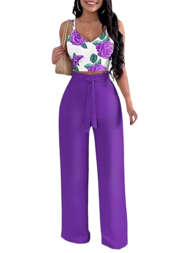 Tenue imprimé fleurs loungewear set fluide avec top sans manche et pantalon d'été