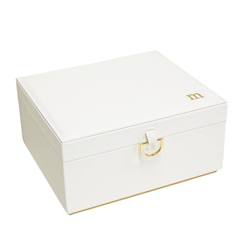 COLLECTIVE HOME - Monogram Jewelry Box with Mirror Custom Gold Letter Engraving Elegant Jewelry Organizer with Removable Tray Gift for Mothers Day Girlfriend Birthday (m)
