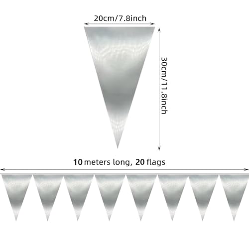 Image of 40M /130FT Silver Triangle Pennant Banner Flag Metallic Bunting Garland for Christmas Graduation Wedding Engagement Anniversary Bachelorette Birthday Bridal Shower Valentines Hen Party Supplies