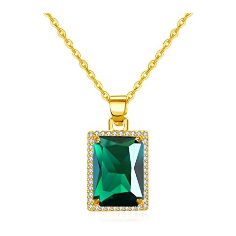 VONSSY Green Emerald Pendant Necklace | 5A CZ Crystal Rectangle Birthstone Gemstone Necklace | Stylish Meaningful Jewelry Gift for Women Girls Mother Cover