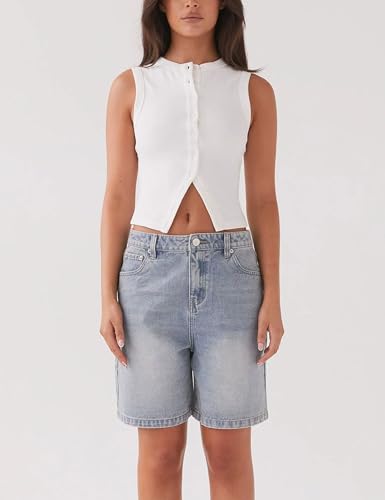 Image of Bozanly Womens Button Down Ribbed Tank Top Summer Sexy Sleeveless Slim Fit Y2k Crop Going Out Tops(0947-White-S)