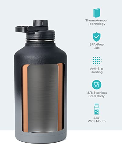 BUZIO 64 oz Water Bottle Insulated with Straw & 3 lid and Carrying Pouch, Leak Proof Half Gallon Stainless Steel Water Flask Jug, Cold for 48 Hrs Double Vacuum Thermo Canteen, BPA-Free, Shadow