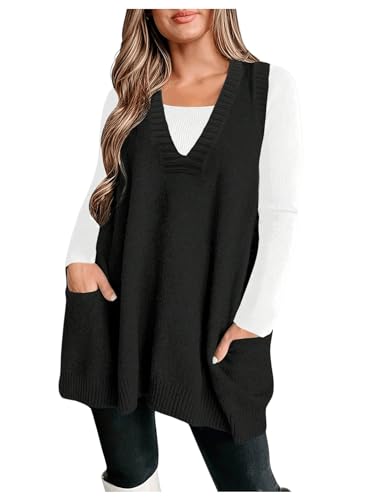 GORGLITTER Women's Plus Size Sleeveless Sweater Dress V Neck Sleeveless Sweater Vest with Pockets