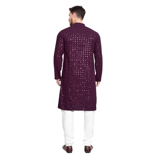 Image of Rayon Ethnic Wear Full Chikankari Sequin Embroidery Mirror Work Traditional Straight Kurta Pyjama Set for Men