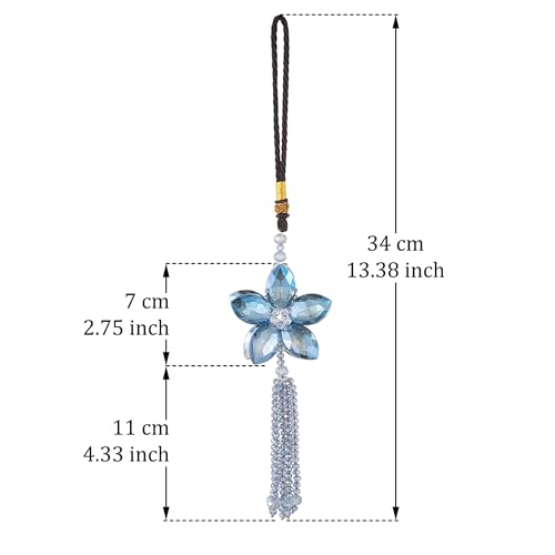 Crystal Flower Rear View Mirror Pendant Car Hanging Ornament Lucky Charm with Dangle Beads, Blue