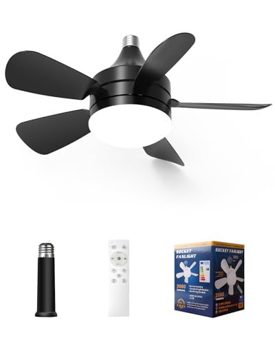 Socket Fan Light - Ceiling Fans with Lights and Remote Control, 3 Colors 3000K-6500K, 2000 Lumens,Powerful Airflow Quiet Fan Light Bulb Screw in Ceiling Fan for Bedroom, Living Room, Kitchen (BLACK)