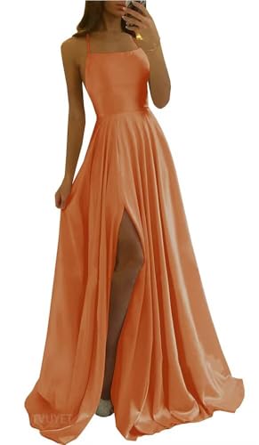 Image of Tvuyet Satin Prom Dresses Long with Pockets Spaghetti Straps A Line Bridesmaid Dresses with Side Slit Ball Gown