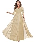 Aootumi Classy Mother of The Bride Dress Plus Size Long Champagne Lace Appliques Chiffon 3/4 Sleeve Backless Formal Evening Dresses for Women 18W