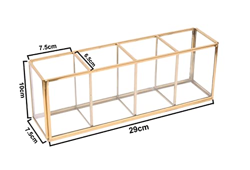 Image of Gold Glass Makeup Brush Organizer - Cosmetic Brush Holder with Metal Frame for Vanity, Dressing Table & Bathroom Counter - Multi Slot Makeup Storage - 29 x 7.5 x 10 cm
