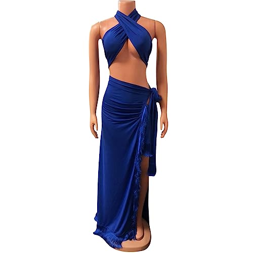 Image of Womens Sexy 2 Pieces Tassel Crisscross Bandage Crop Tops Bodycon Split Skirts Party Clubwear Dress Outfits Set