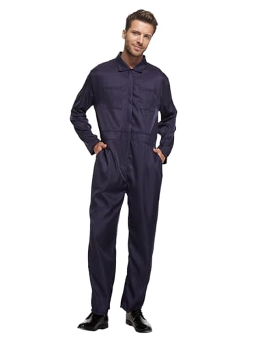 PWQMGY Mens Halloween Horror Killer Costumes-Long Sleeve 6-Pocket Durable Mechanic Jumpsuit Coveralls Cosplay Outfit (Navy Blue L)