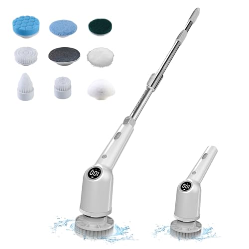 Fregadora rotativa eléctrica Cepillo de limpieza recargable con pantalla digital LCD Mango impermeable ajustable con 8 cabezales de cepillo intercambiables Panel Azulejo Cepillo (Gris)