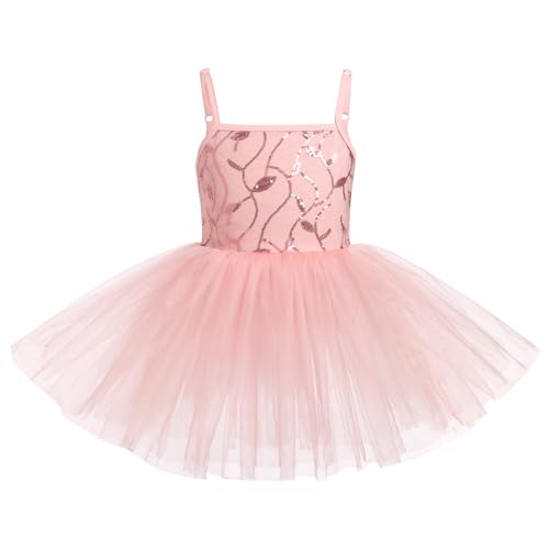 AFAVOM Ballet Leotards for Girls Toddler Sequin Flower Camisole Ballet Dance Dress Tulle Tutu Skirted Leotard Ballet Outfit for Kids Shiny Ballerina Costume Dancewear Pink 5-6 Years