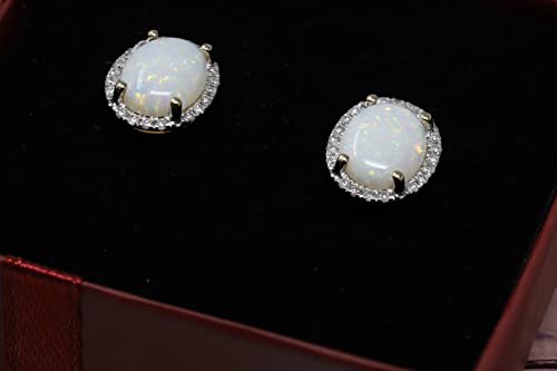 14K Yellow Gold Genuine Opal 1-1/2 Ct with Diamond Halo Stud Earrings3