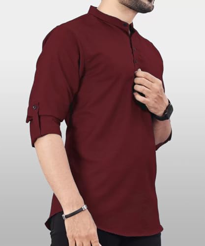 Image of DEEMOON Men's Regular Fit Solid Sprad Collar Casual Shirt with a Trendy Mandarin Collar Crafted from a Premium Cotton Blend