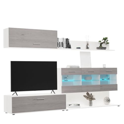 amuéblate online - Mueble de Salón Moderno con Leds, Módulos de Comedor, Modelo Flora, Acabado en Andersen Pino - Gris, Medidas: 250 cm (Ancho) x 115 cm (Alto) 40 cm (Fondo)