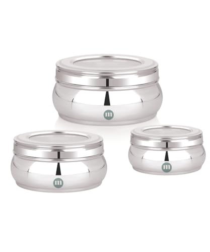 MARU Stainless Steel Storage Containers with Glass Lid Set of 3 (500ml, 750ml, 1100ml) -Durable See-Through Belly-Shaped Steel Boxes for Kitchen, Perfect for Storing Chapati, Puri & Leftovers, Silver