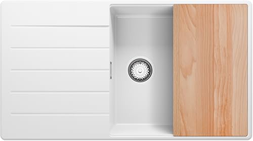 Fregadero Cocina 90 x 50 cm, Fregadero Granito Un Seno + Sifón Clásico, Fregadero Empotrado con Escurridor de Primagran, Blanco