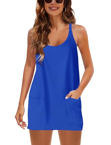 Image of Lentta Womens Athletic Sleeveless Mini Dress with Built-in Shorts V Neck Spaghetti Strap Sundress