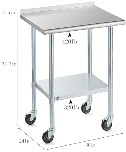 Image of Stainless Steel Table for Prep & Work with Backsplash & Caster 24x30 Inches, NSF Commercial Kitchen Heavy Duty Table with Adjustable Under Shelf for Restaurant, Home and Hotel