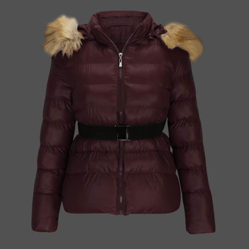 XUNRYAN Teen Girls Winter Warm Down Coat Cropped Puffer Jackets Faux-Fur Hooded Anorak Parka Thicken Ski Jackets Belted3