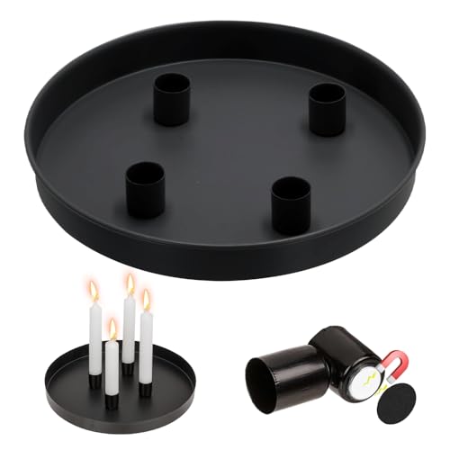 Aoreun Magnet Kerzentablett für Advent Ø23cm mit 4 Magnetischen Metall Kerzenständer für Kerzen Ø2cm, Schwarz Weihnachten Stabkerzenhalter, Rund Metall Kerzen Tablett für Advent & Alltagsdekoration