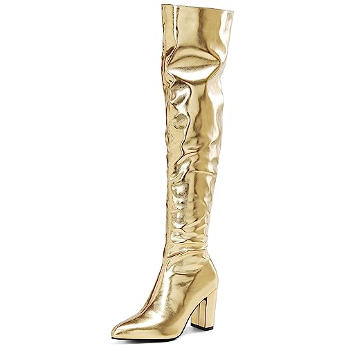 YIYA Womens Metallic Gold Over the Knee High Boots Pointed Toe Chunky Mid Heel Thigh High Fashion Dress Zipper Long Boots