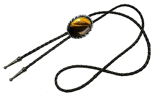 Image of Moranse Bolo Tie with Natural Tiger Eye Stone Celtic Style Genuine and Cowhide Rope