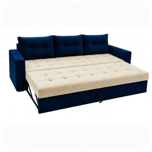 Image of FURNY Tressa 3 Seater Fabric Pull-Out Sofa Cum Bed Function (Dark Blue-Cream) | Luxury Velvet Suede Finish | Durable Comfort Sofa Bed for Modern Living Room & Office Spaces
