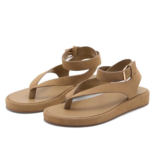 Women's Ankle Strap Thong Sandals Soft Suede Flat Sandals with Buckle Comfortable Summer Flip Flops Shoes for Casual Daily Wear