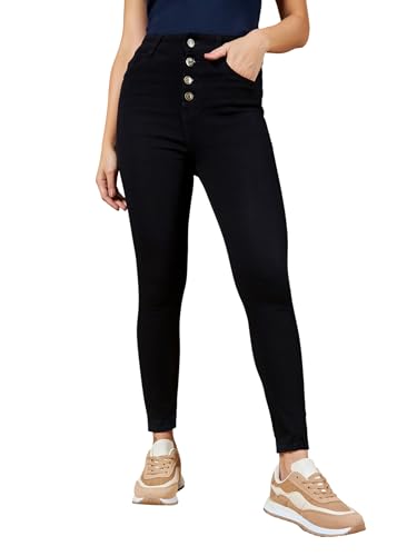 Image of Miss Chase Women's Skinny High Rise Cropped Fringed Hemline Detailing Stretchable Denim Jeans