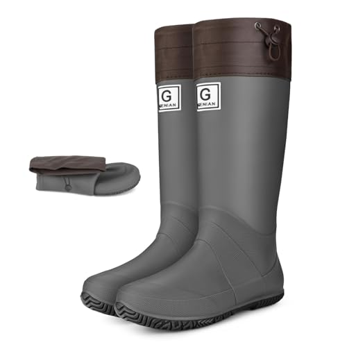 UK 6.5 WOMEN’s Foldable Mid Calf Wellies Rain Boots- Rubber Boot with Adjustable Cuff Drawtring Anti Slip Lightweight Wellington Boots Full Length Knee High for Festival & Gardening Outdoor Work Grey