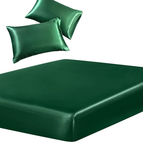 Image of SiinvdaBZX 3-Piece Set Satin Full Fitted Sheet & 2 Pillowcase, Emerald Green Silky Soft Fitted Bottom Sheet, Wrinkle Free, Fade Resistant, Deep Pocket Bed Sheet (Deep Up to 15 inch)