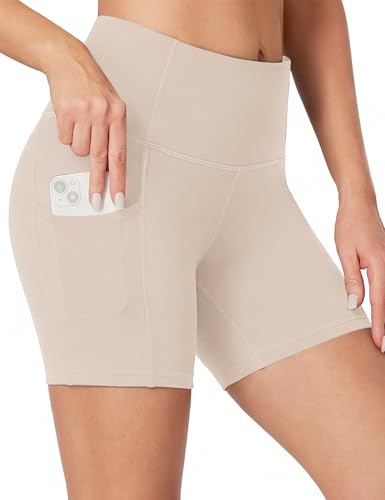 Heathyoga Biker Shorts Women Tummy Control 5 Workout Shorts Women with Pockets High Waisted Spandex Short for Gym Yoga Beige