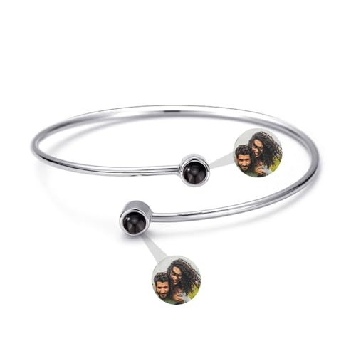 Custom Photo Projection Bracelet Personalized Double Photo Bracelets with Picture Inside 2 Circle Picture Bracelet Open Cuff Round Charm Bangle for Women Men Couples
