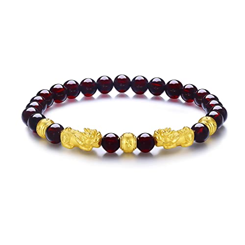 24K Gold Bracelet for Women Pixiu Charm Garnet Bracelets Feng Shui Jewelry Unisex Wealth Good Luck Adjustable Stretch Beaded Bracelet Protection Fortune Healing Natural Gemstone Gifts Men