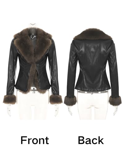 BAIMORE Women's Winter Fluffy Fur Trim Lapel Button Warm Motorcycle Faux Leather Jacket4