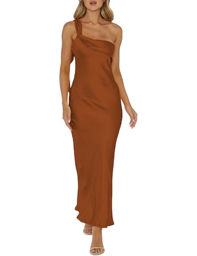 Image of 2026 Satin One Shoulder Maxi Dress for Women Summer Silk Formal Elegant Backless Ruffle Sleeveless Wedding Guest Dresses