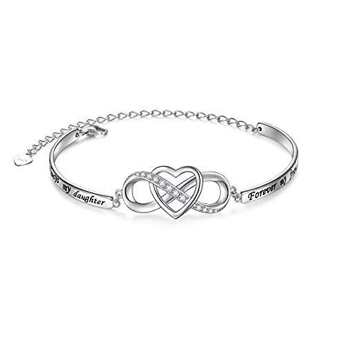 925 Sterling Silver Infinity Love Heart Bracelet With Inspirational Message for Daughter from Mother Father, Adjustable Length Bangle Bracelets Daughter Jewelry for Women Girls